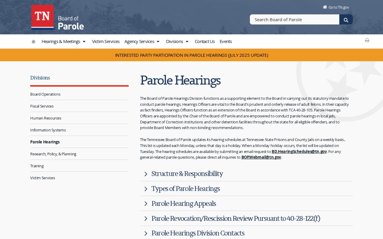 Tennessee parole hearing information for Grundy County post-release supervision