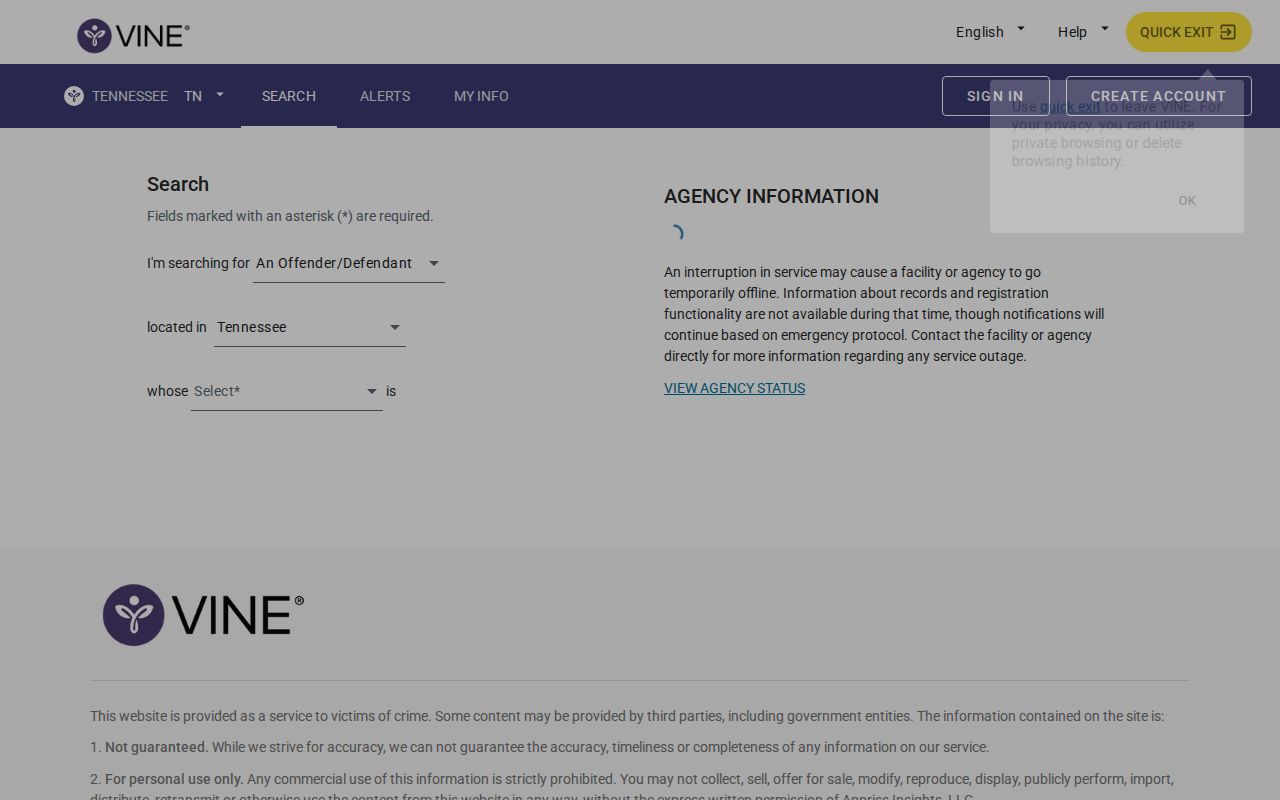Tennessee VINELink named-person search for a Grundy County inmate check